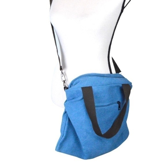 Crossbody Shoulder Canvas Messenger Bag, Ocean Blue & Brown - Picture 2 of 12